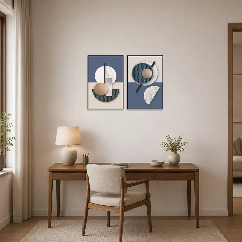 Geometric minimalist art set inspires creativity in a contemporary home office.