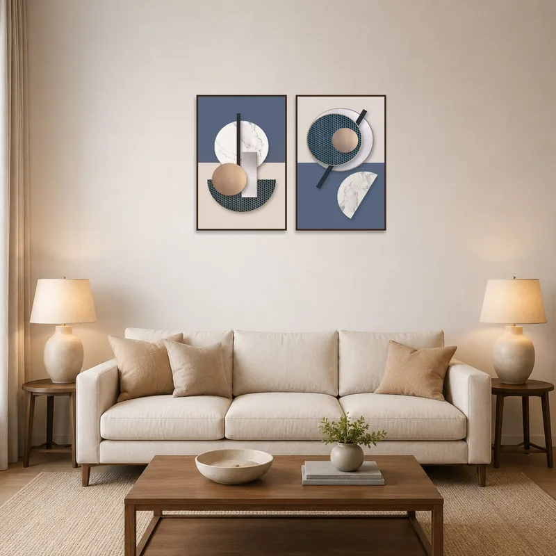 Elegant geometric minimalist art set displayed in a modern living room above a sleek sofa.