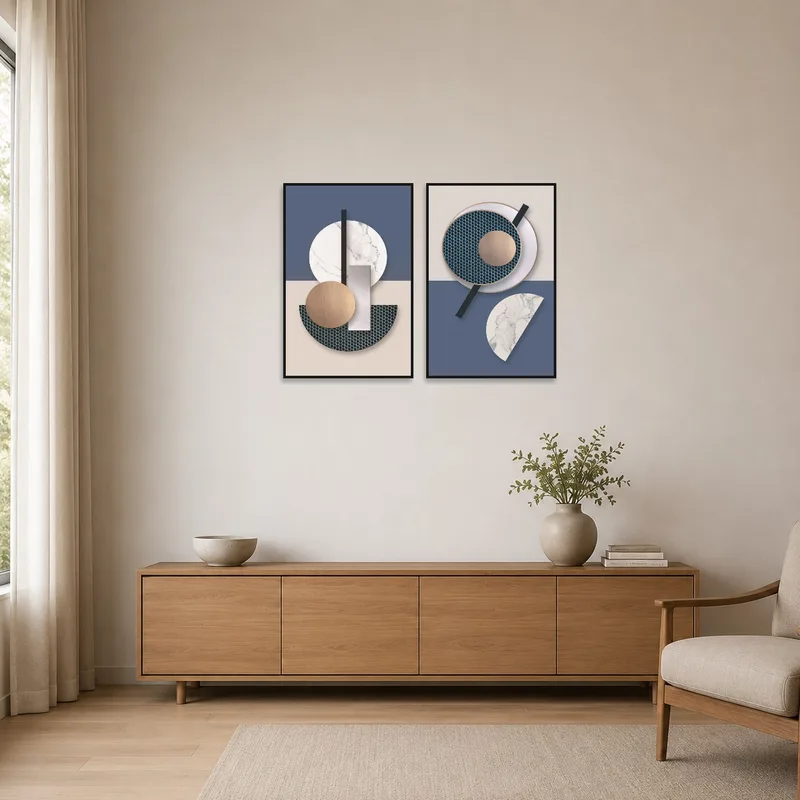 Minimalist art set featuring geometric designs on a clean, white wall.