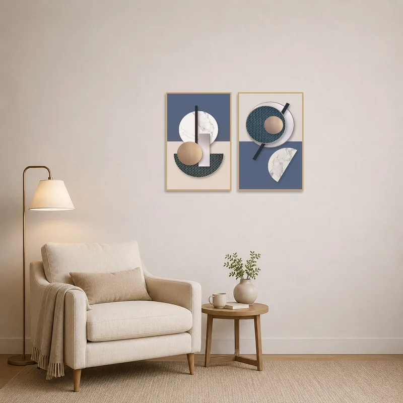 Simple geometric minimalist art set enhances a cozy reading corner.