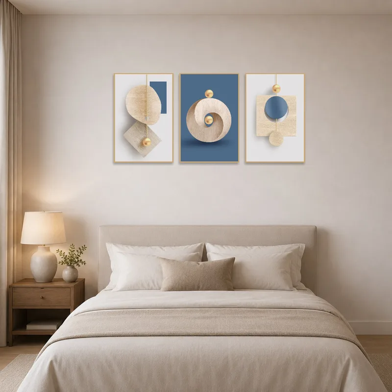 This geometric triptych enhances the bedroom ambiance, hanging above the headboard.