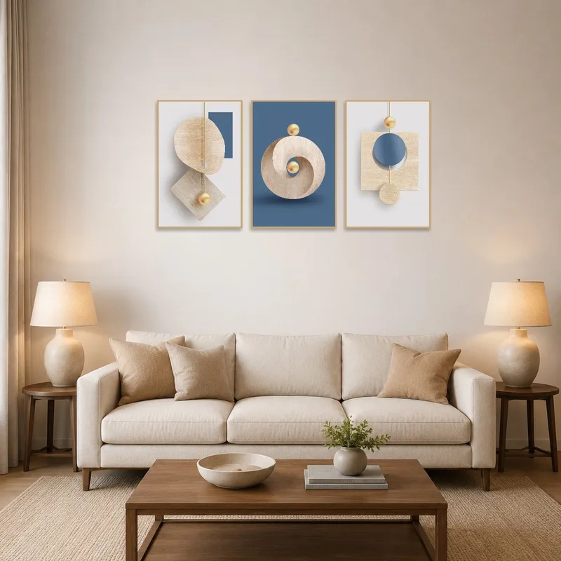 A triptych of minimalist geometric prints adorns the living room wall above a modern sofa.