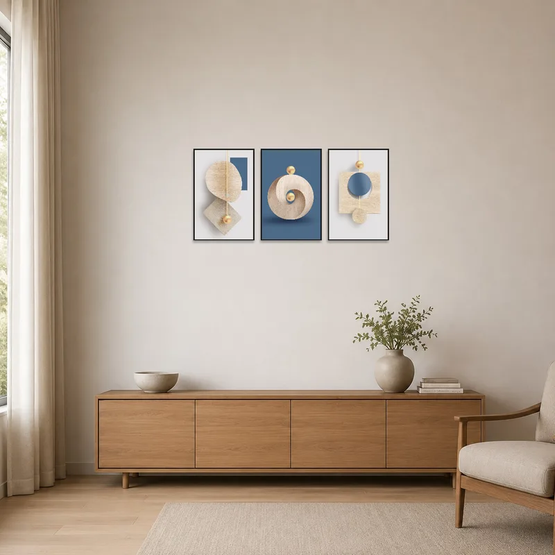 The geometric triptych adds sophistication to a minimalist room with subtle decor.
