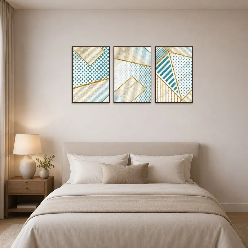 Elegant geometric patterns bring a calming touch to the bedroom.