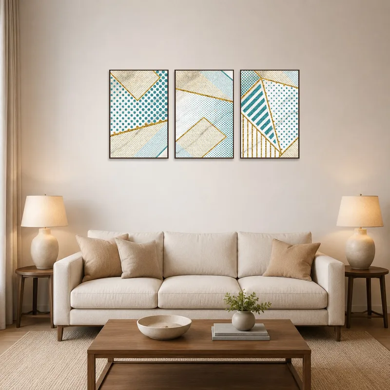 Triptych set with geometric patterns displayed above a modern sofa in a stylish living room.