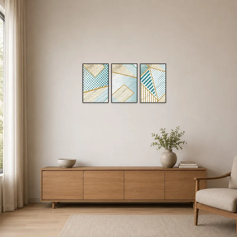 Geometric triptych set accentuating the clean lines of a minimalist space.