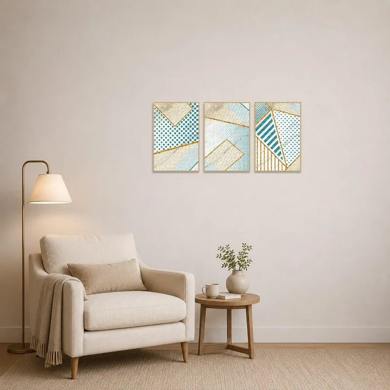 Geometric triptych adds sophistication to a cozy reading corner.