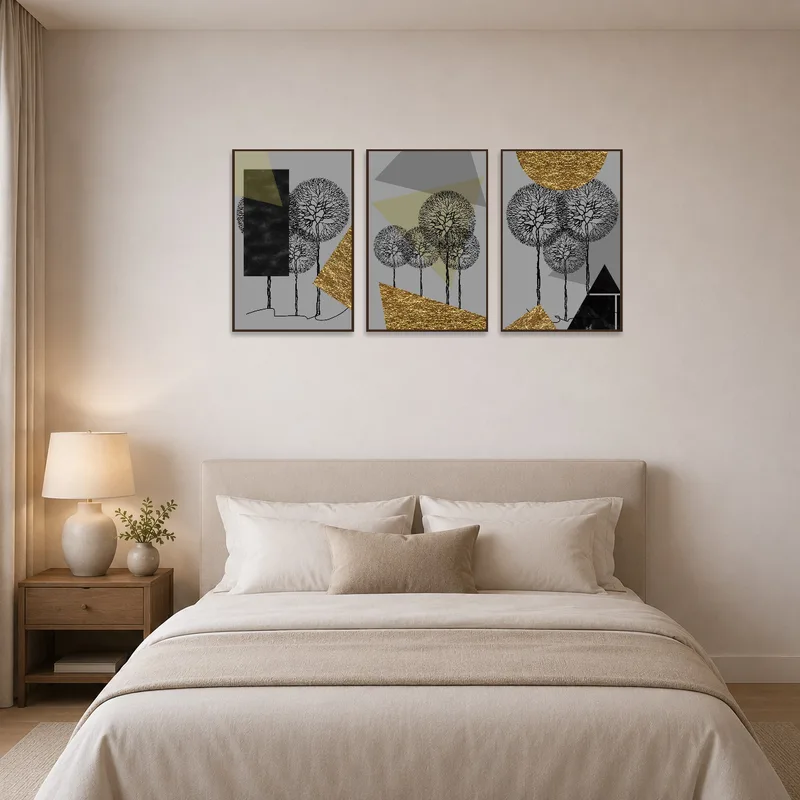 Geometric trees triptych set adds a serene touch to the bedroom decor.