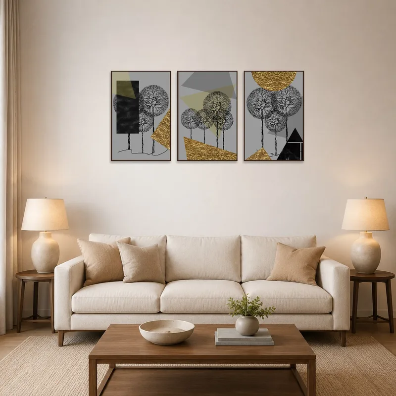 Elegant geometric trees triptych set above a modern sofa in the living room.