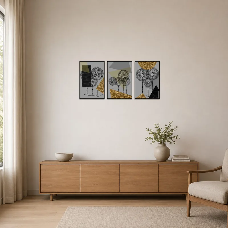 Minimalist scene with geometric trees triptych set as the focal point.