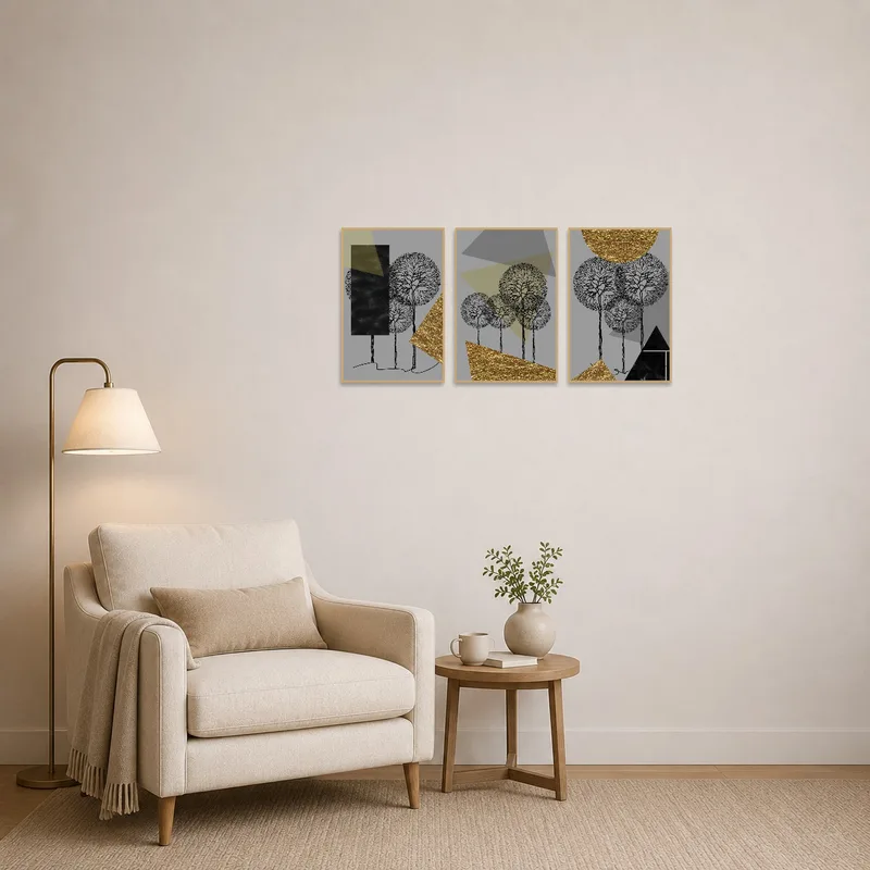Cozy reading corner adorned with a triptych set of geometric tree designs.