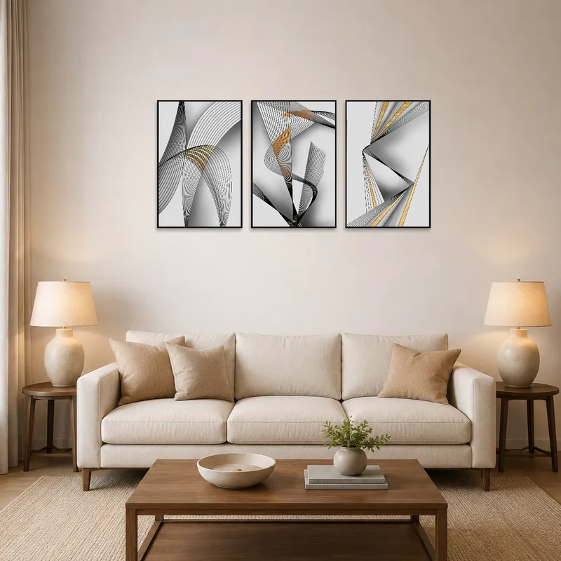 Black and gold geometric triptych on living room wall above a modern sofa.