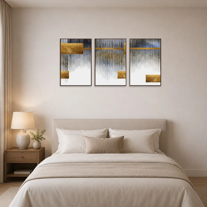 Geometric triptych in gold and grey brings serene elegance to the bedroom.