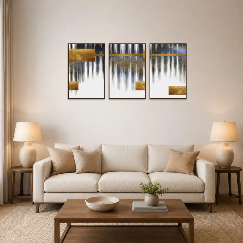Geometric triptych art adds sophistication to the living room with gold and grey tones.