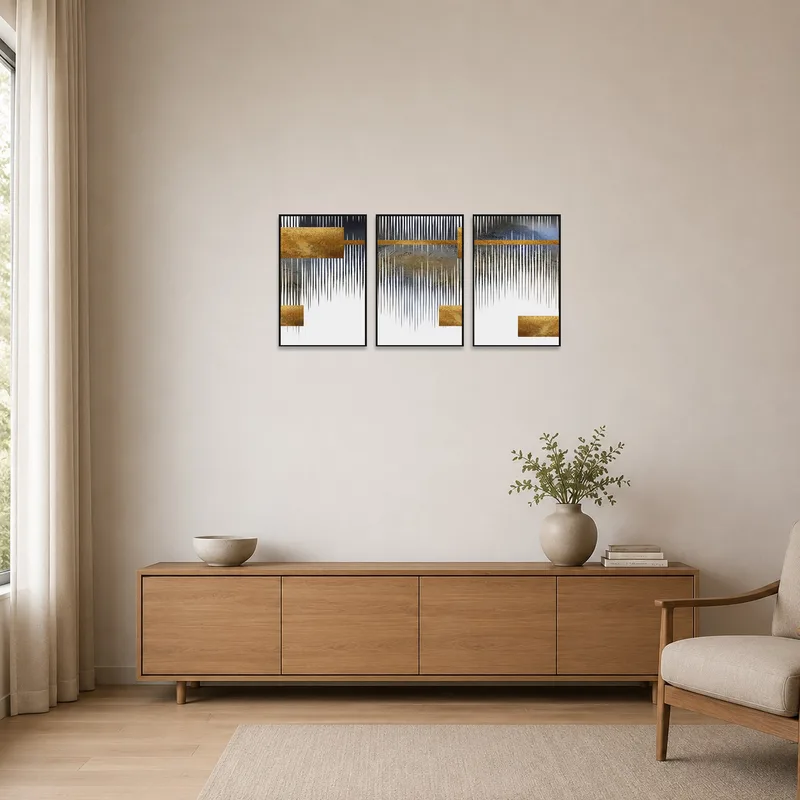 Minimalist room featuring a geometric triptych with striking gold and grey shapes.