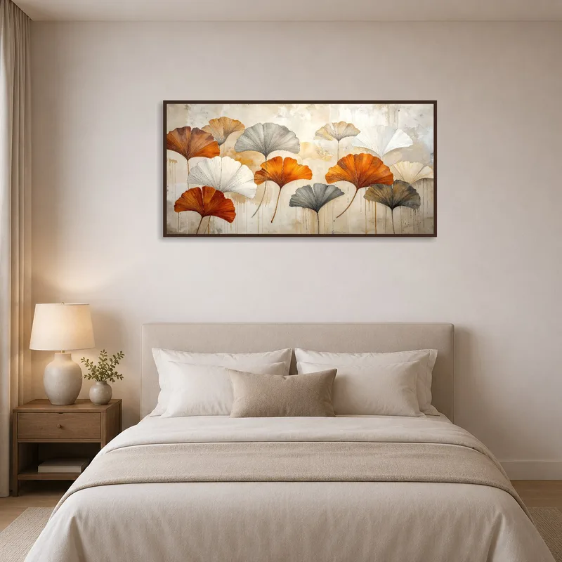 Bedroom wall adorned with elegant Gingko Leaves art for a calming atmosphere.