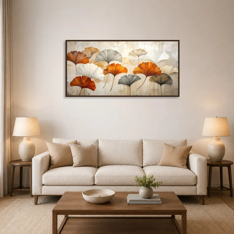 Elegant Gingko Leaves artwork on a living room wall adds a touch of nature.
