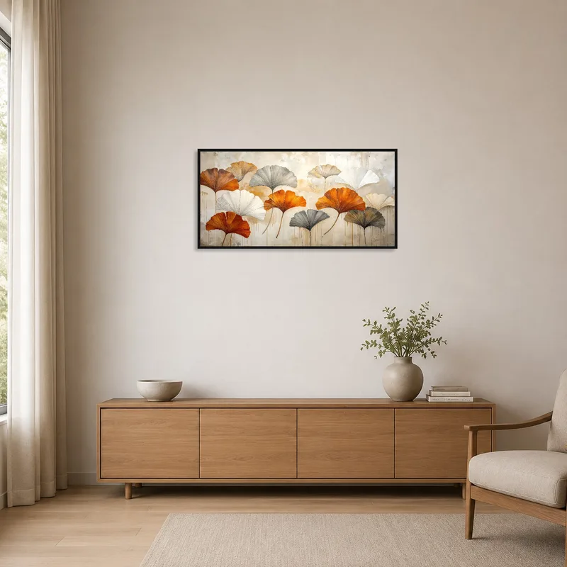 Abstract Gingko leaves art complements the minimalist decor with subtle elegance.