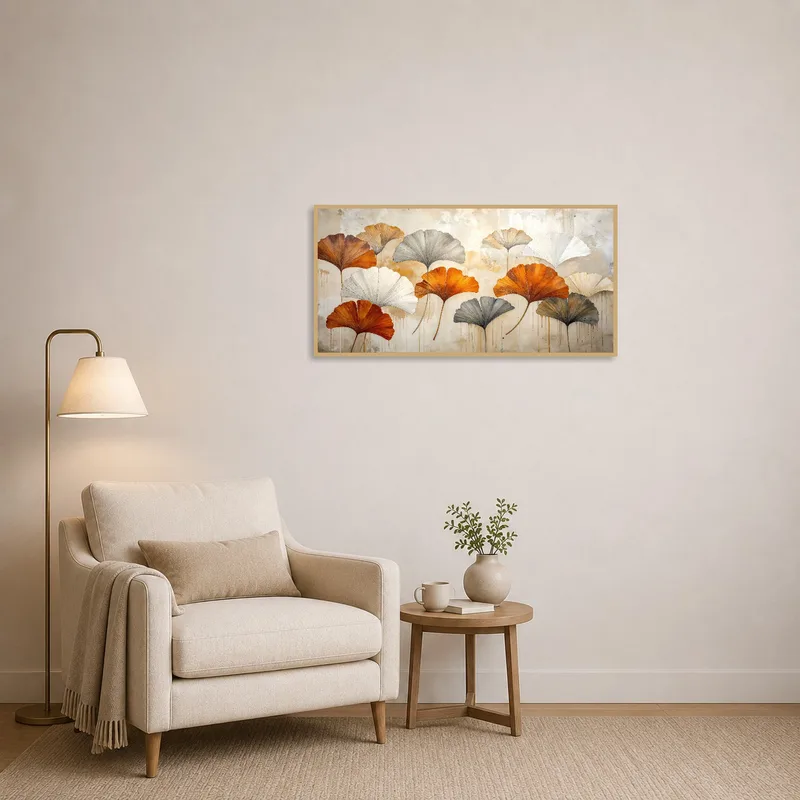Stylish Gingko Leaves abstract art provides a serene backdrop in the reading corner.