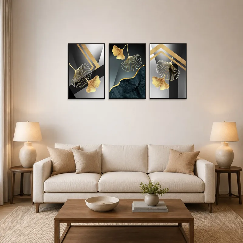 Elegant Ginkgo Leaf abstract triptych set adorns a cozy living room wall.