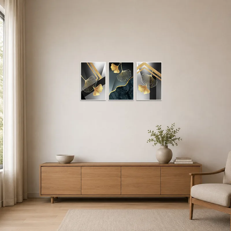 Minimalist room with Elegant Ginkgo Leaf abstract triptych providing a subtle touch of nature.