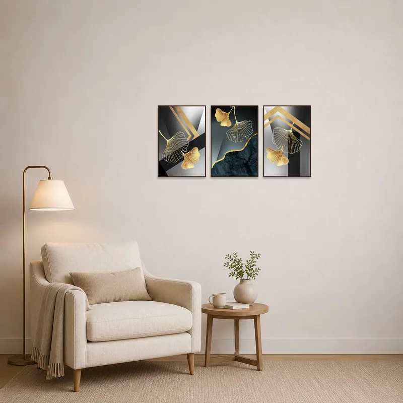 Reading corner enhanced by the soothing presence of the Elegant Ginkgo Leaf abstract triptych.