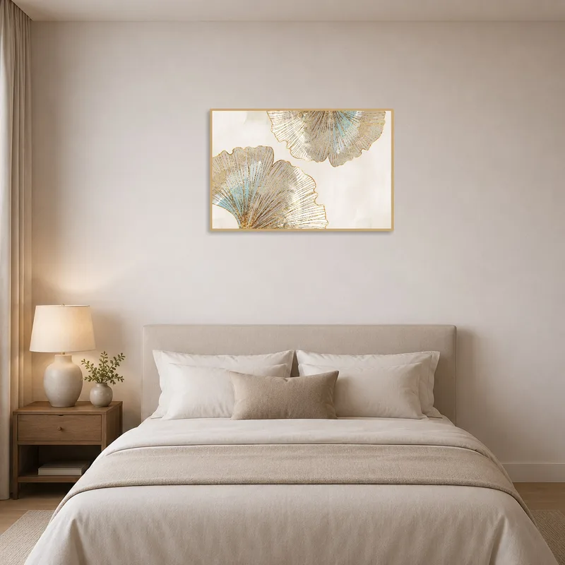 Elegant Ginkgo Leaf Abstract Wall Print above a bed in a serene, calming bedroom.