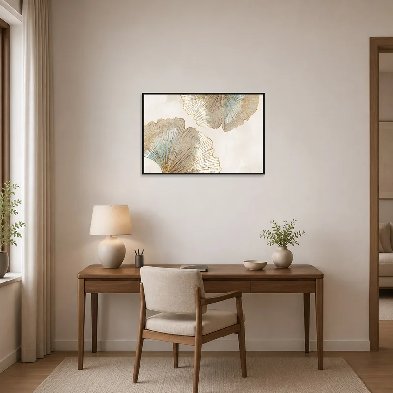 Elegant Ginkgo Leaf Abstract Wall Print inspiring creativity in a modern home office.