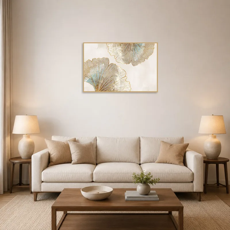 Elegant Ginkgo Leaf Abstract Wall Print in a chic living room above a contemporary sofa.