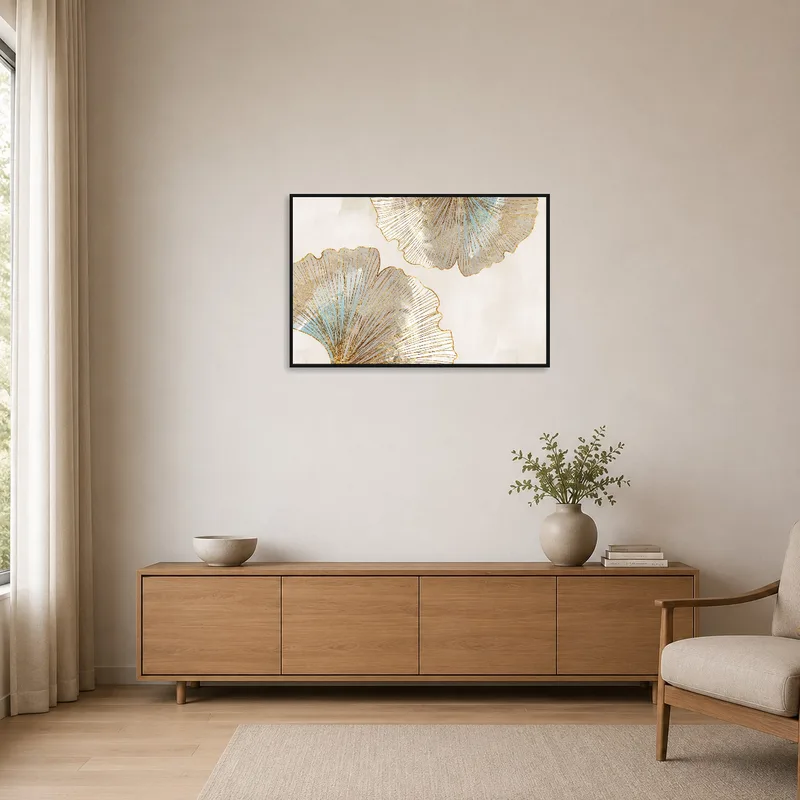 Elegant Ginkgo Leaf Abstract Wall Print in a minimalist room with sleek, simple furnishings.