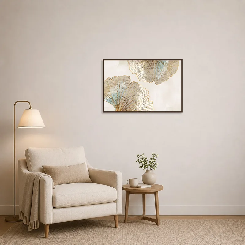 Elegant Ginkgo Leaf Abstract Wall Print adding sophistication to a cozy reading corner.