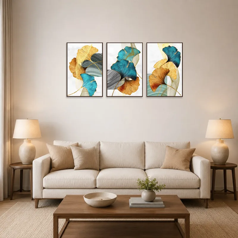 Teal and gold ginkgo leaf triptych hanging on a living room wall with a modern sofa.