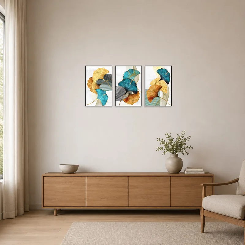 Elegant ginkgo leaf artwork in a minimalist room with simple, clean lines and few furnishings.