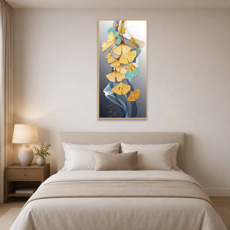 Soothing ginkgo leaf design with abstract flair adds elegance to a calm and restful bedroom space.