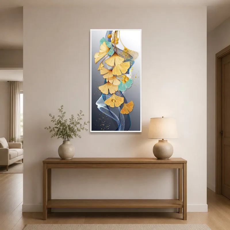 Ginkgo leaves with abstract touches adorn a welcoming entrance hall wall, creating a chic atmosphere.