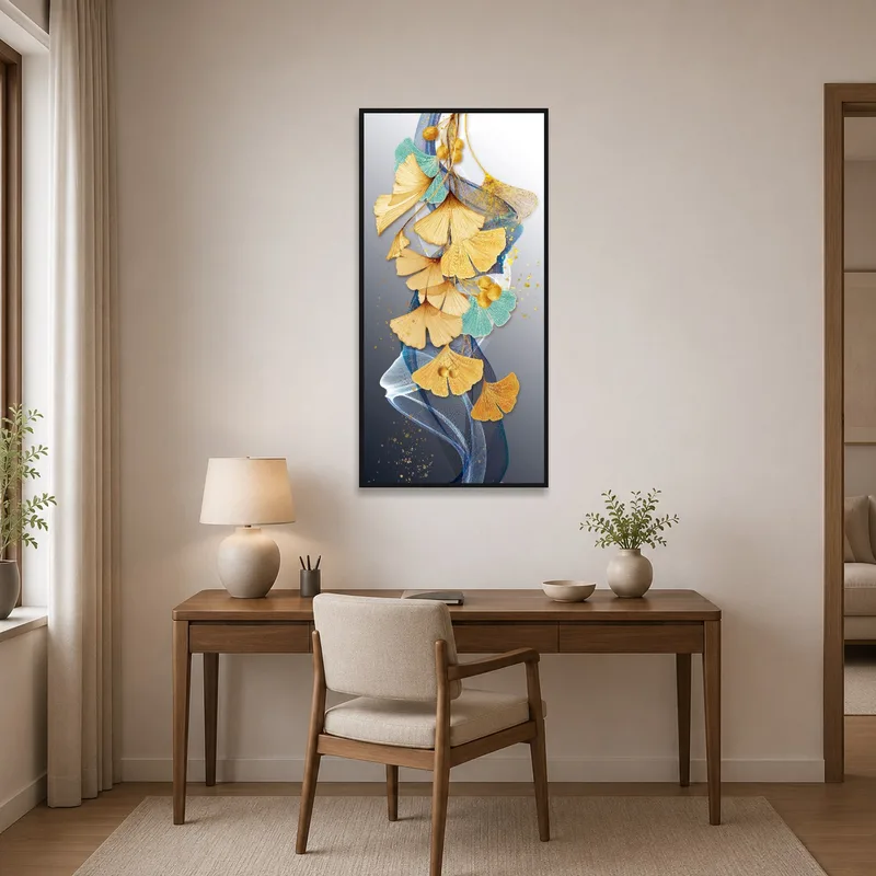 Ginkgo art with abstract highlights enriches a productive home office environment with a creative vibe.