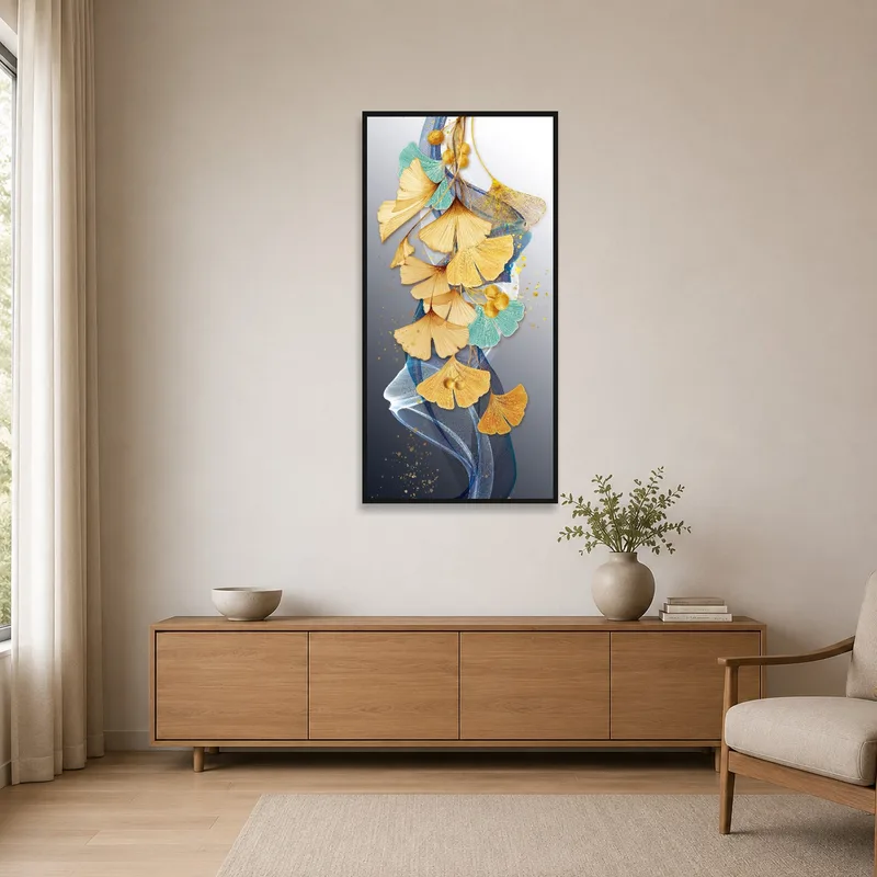 Sophisticated ginkgo leaf artwork with subtle abstract elements in a clean, minimalist room setting.