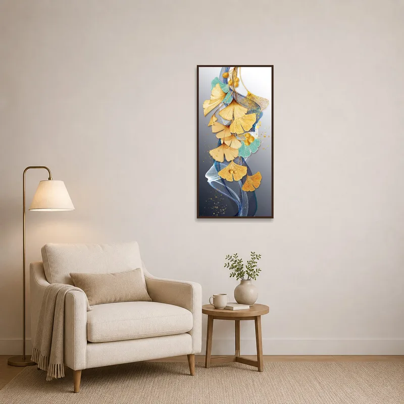 Elegant ginkgo leaves and abstract patterns grace the wall of a cozy reading corner with a comfy chair.