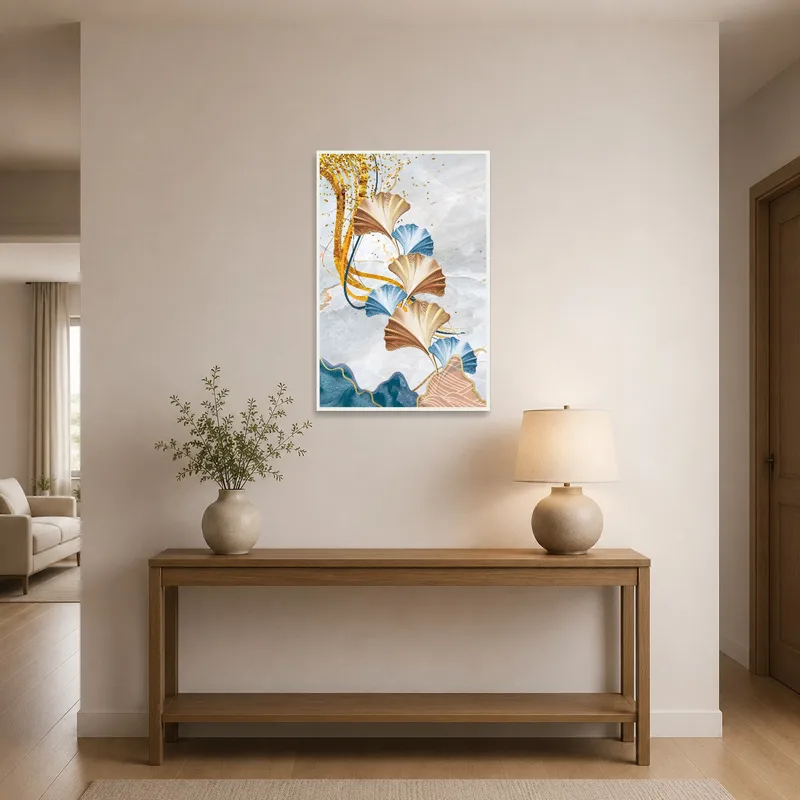 Sophisticated Ginkgo leaves piece with gold accents welcoming guests in an entrance hall.
