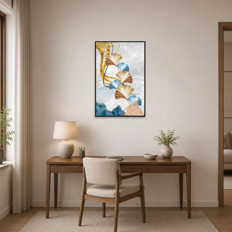 Gold-accented Ginkgo leaves piece bringing style to a tidy home office space.