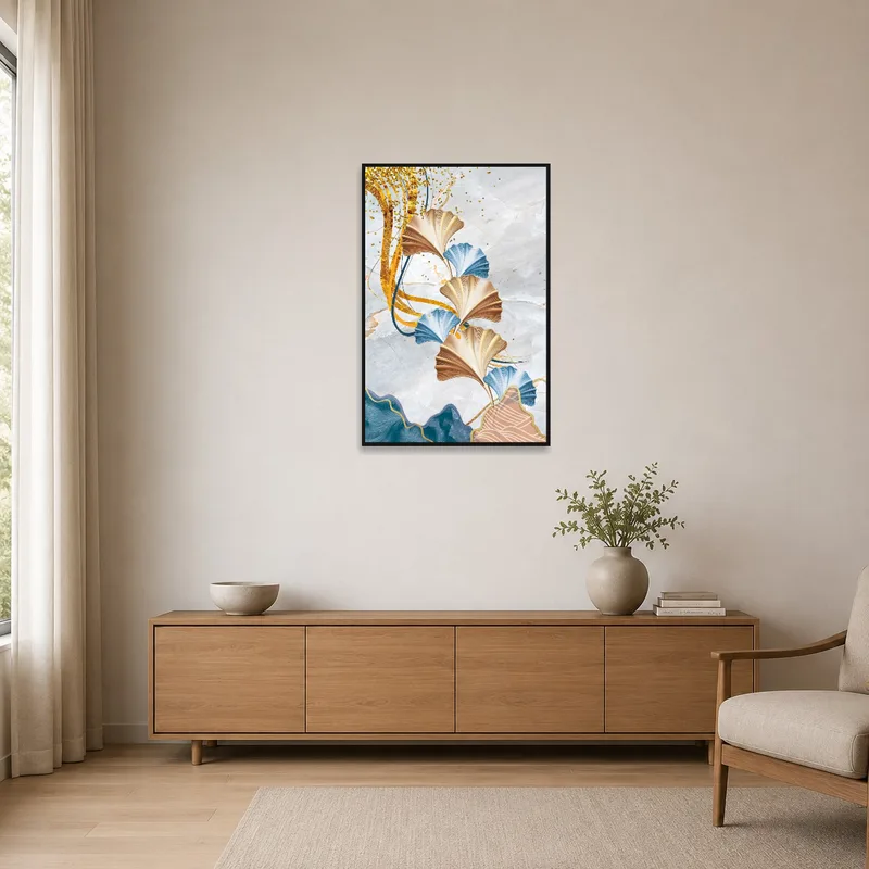 Ginkgo leaves design with gold accents on a white wall, enhancing a minimalist room.