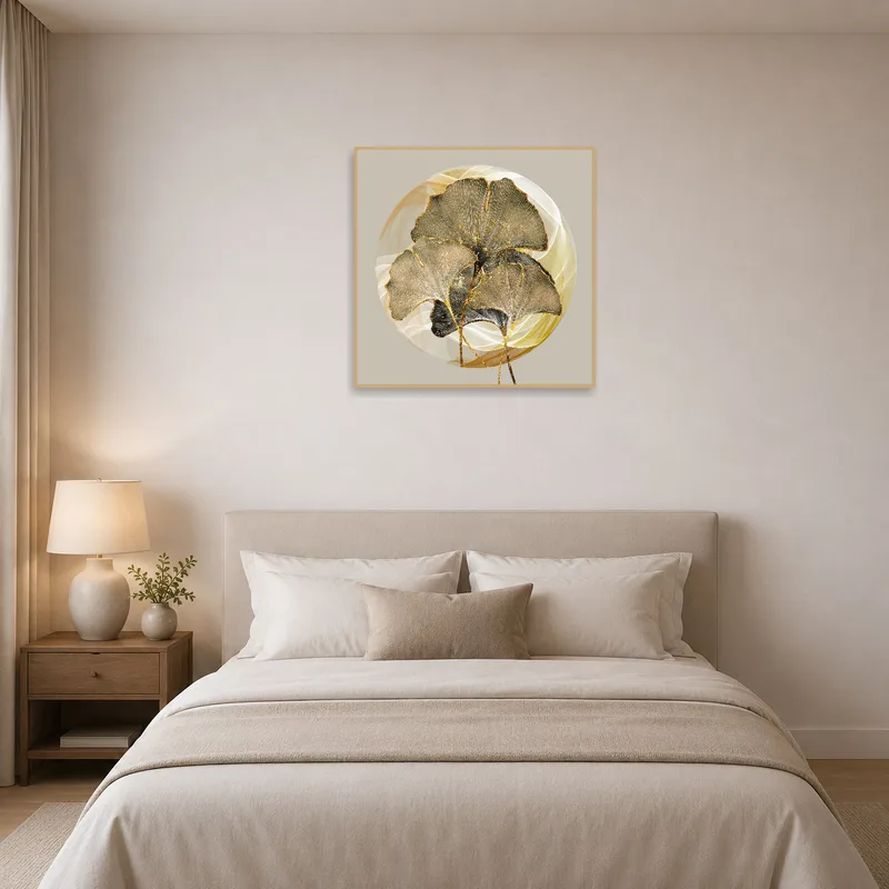 Serene ginkgo leaf art with gold detail in a tranquil bedroom.