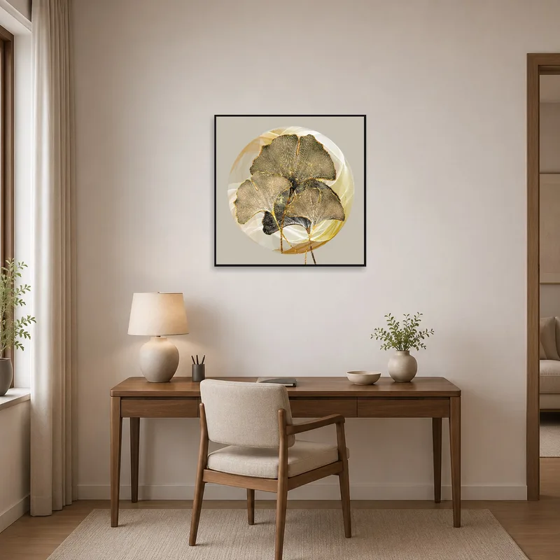 Ginkgo leaf art with gold elements brightens a modern home office.