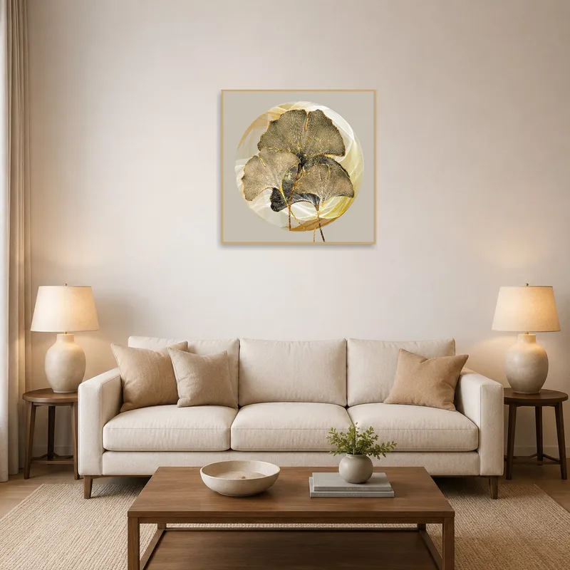 Artwork of ginkgo leaves with gold in a stylish living room.