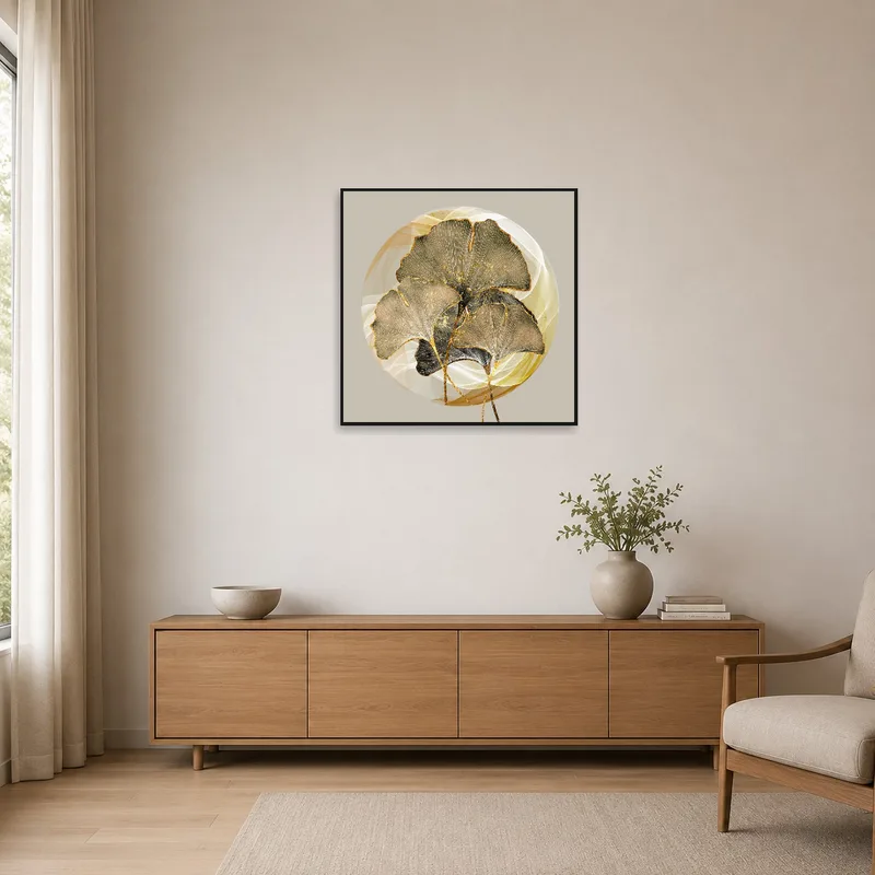 Ginkgo leaves with gold highlights in a minimalist space.