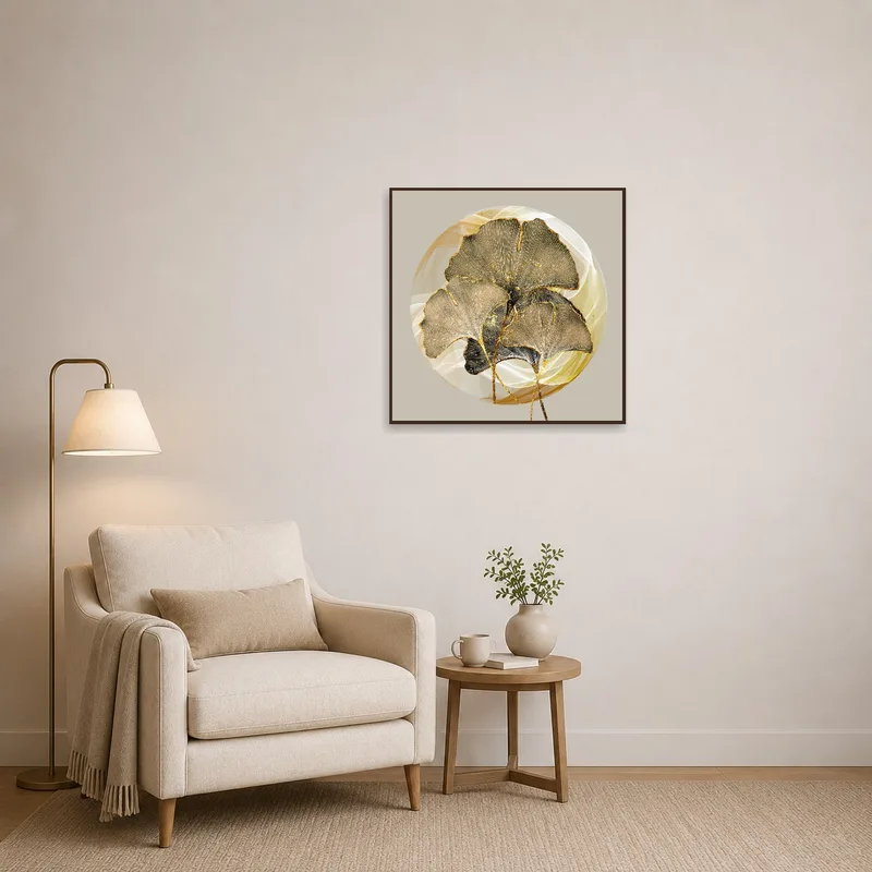 Elegant ginkgo leaf art adds charm to a cozy reading corner.