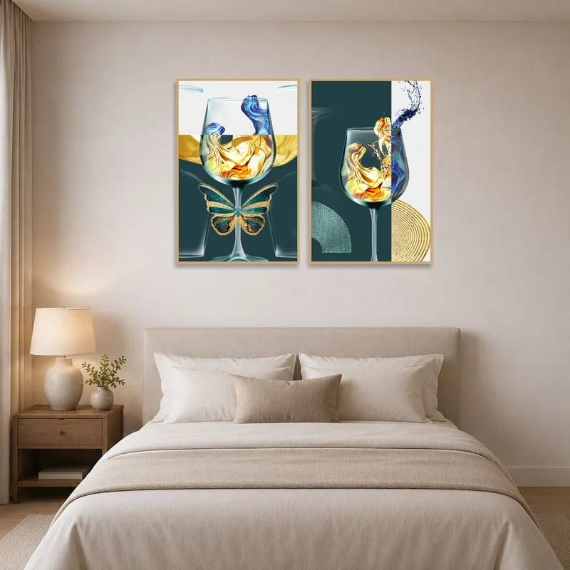 Elegant art set brings tranquility to an intimate bedroom.