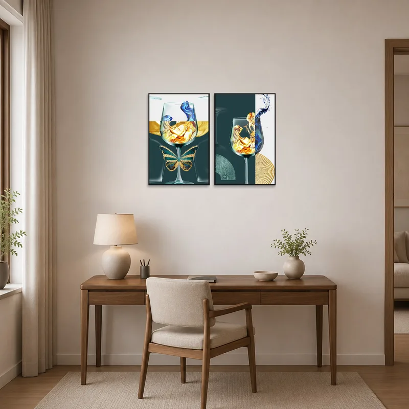 Butterfly-inspired art provides inspiration in a stylish home office.