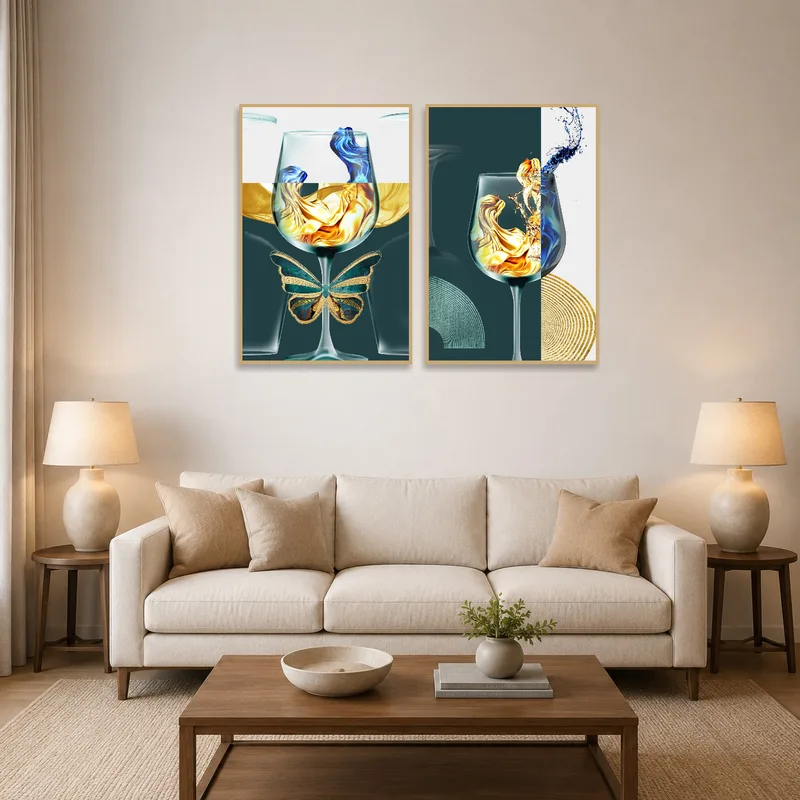 Glass and butterfly art set displayed above a modern living room sofa.