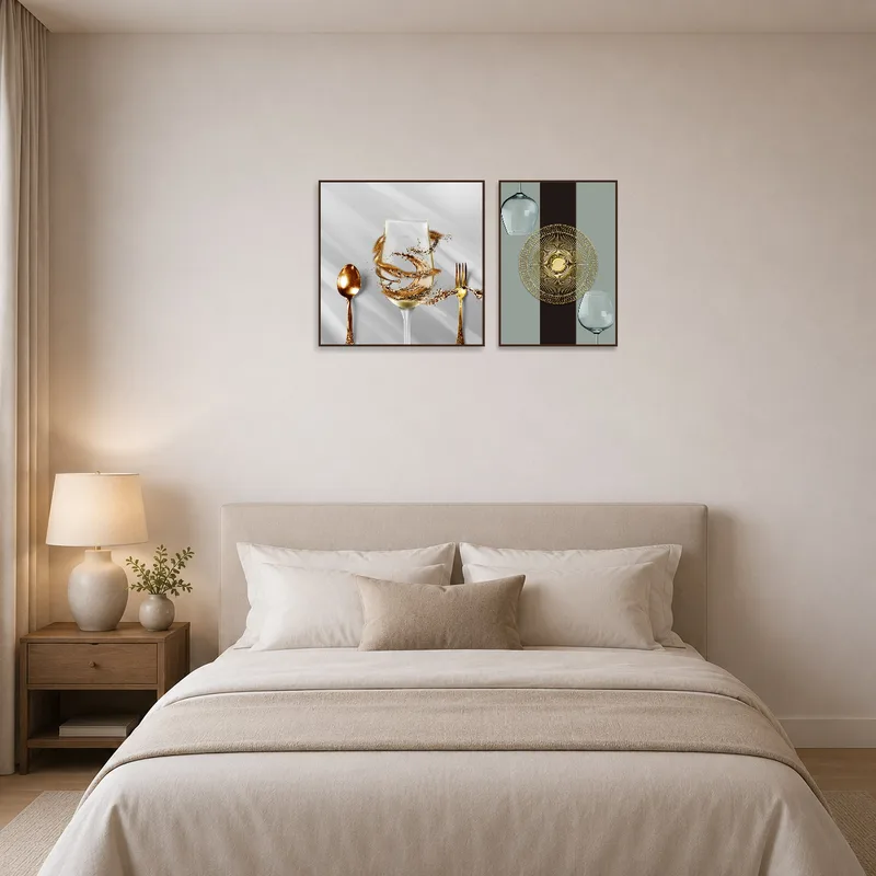 Bedroom wall showcasing a refined glass and gold culinary art duo.